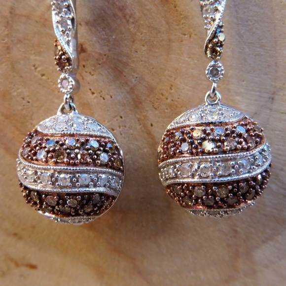 SOLD925 Genuine White & Champagne Diamond Earrings - Picture 4 of 8